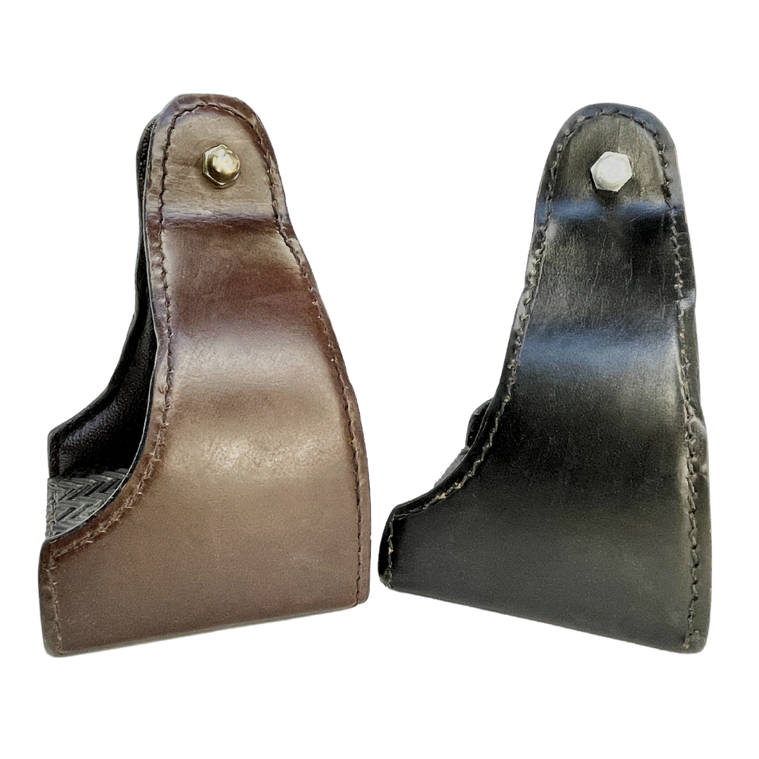 Tough1 Leather Covered Narrow Neck Endurance Stirrups in Black & Brown Side View