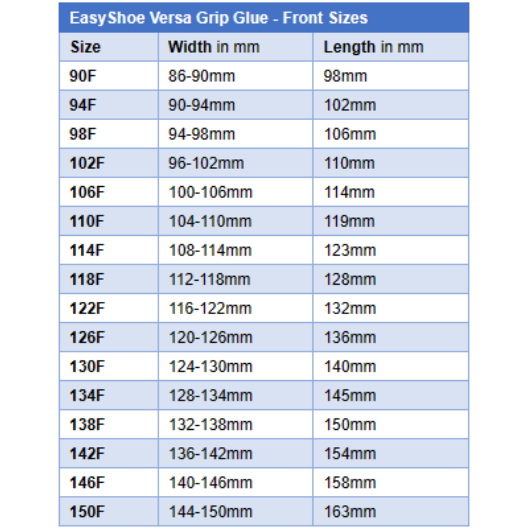 EasyCare EasyShoe Versa Grip Glue Front Size Chart